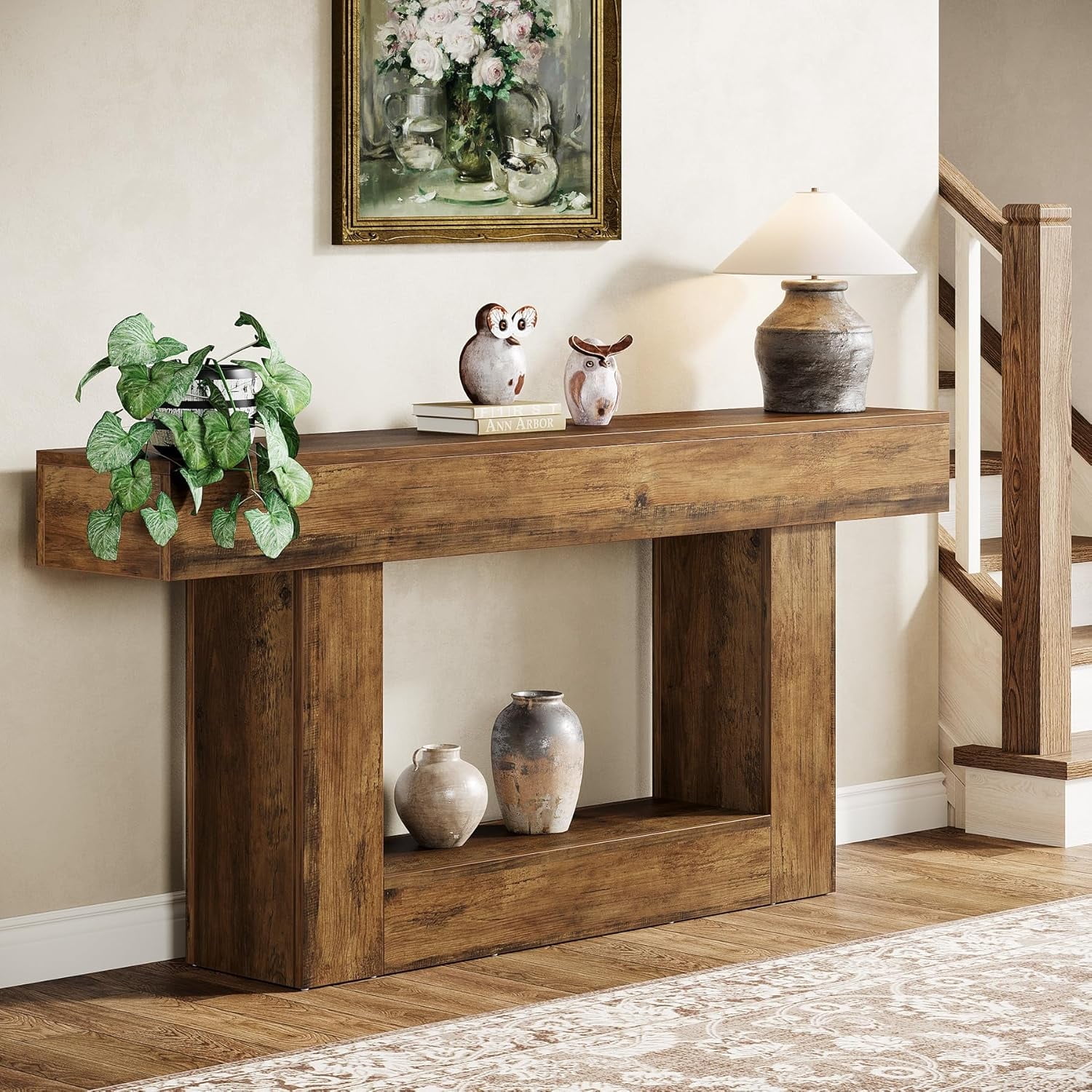 Finmind 2-Tier Farmhouse Console Table, Rustic Wood Sofa Table with ...
