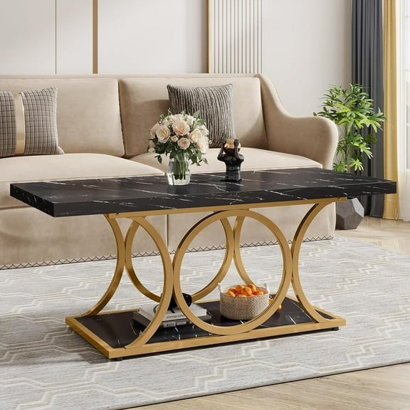 Tribesigns 2-Tier Faux Marble Wood Coffee Table, 47.2" Modern Coffee Tables for Living Room, Home Furniture with Storage Shelf
