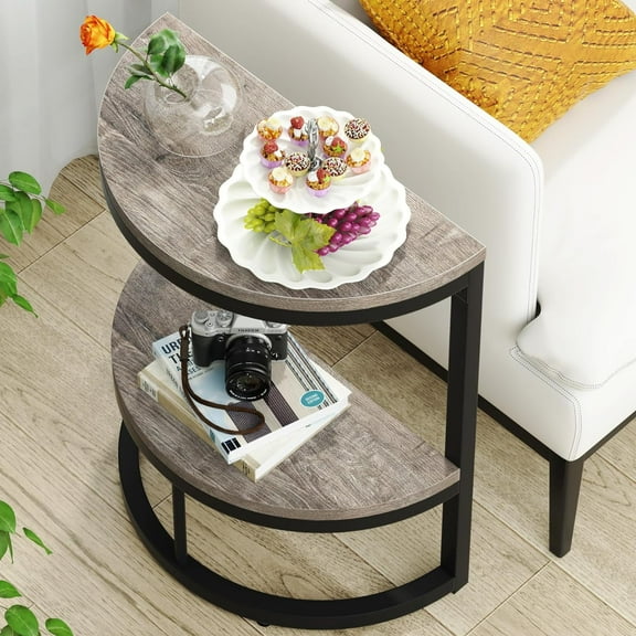Tribesigns 2-Tier Half Round End Table, Farmhouse Narrow Side Table with Shelf, Space Saving