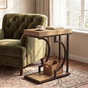 Tribesigns 2-Tier Narrow End Table, C Shaped Side Table Bedside Table with Metal Frame & Open Shelf for Living Room 1, Oak & Black