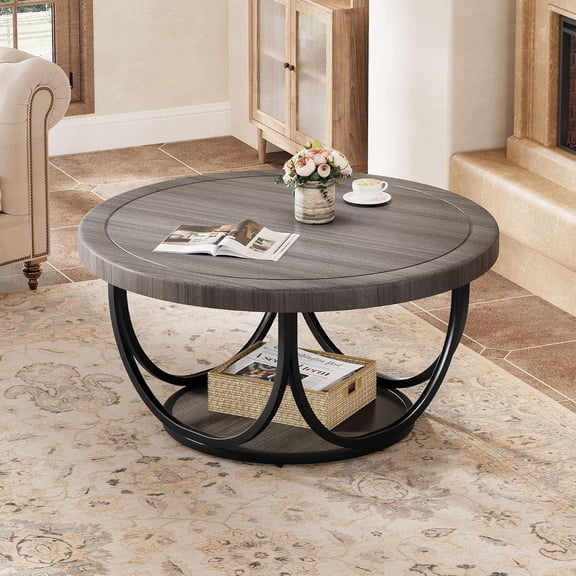 Tribesigns 2-Tier Round Coffee Table, 31.5" Wooden Accent Cocktail Table for Living Room, Gray