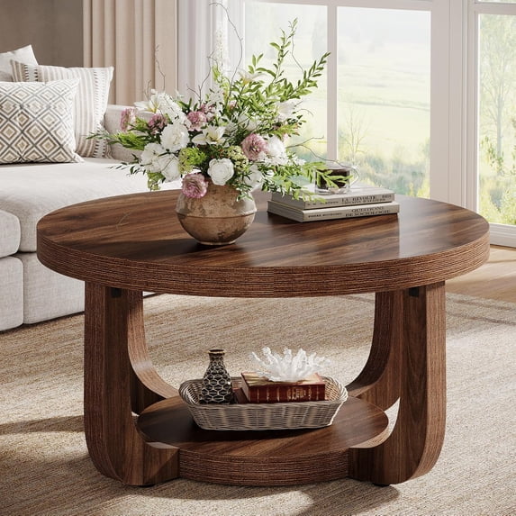 Two Round Table Tribesigns 2-Tier Round Coffee Table, Circle Coffee Table with Storage ...