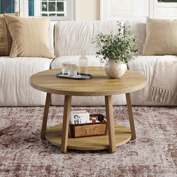 Tribesigns 2-Tier Round Coffee Table, Farmhouse Center Table with Storage for Living Room, Easy Assembly
