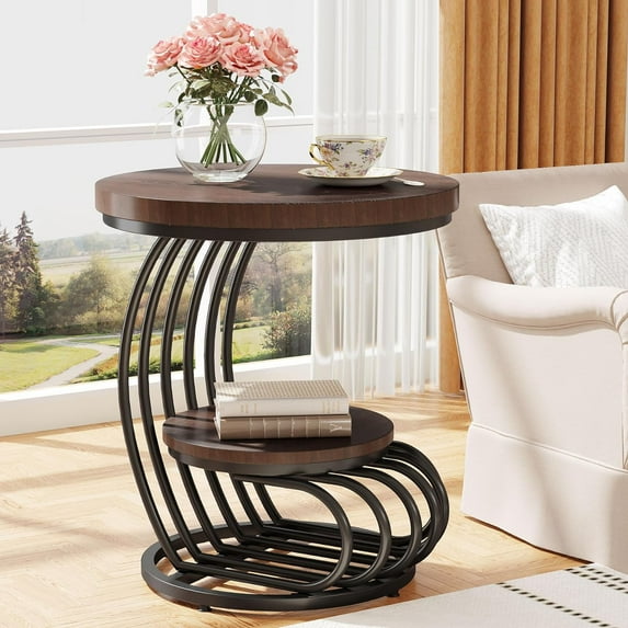 Tribesigns 2-Tier Round End Table, Rustic Brown Side Table with Storage Shelf, Living Room, Bedroom