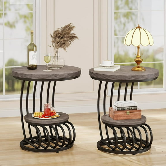 Finmind 2-Tier Round End Table Set of 2, Wood Side Table with Storage Shelf, Arc-Shaped Metal Frame Bedside Nightstand for Living Room, Bedroom, Grey & Black