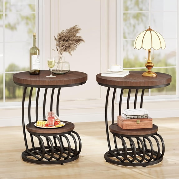 Finmind 2-Tier Round End Table Set of 2, Wood Side Table with Storage Shelf, Arc-Shaped Metal Frame Bedside Nightstand for Living Room, Bedroom, Rustic Brown & Black