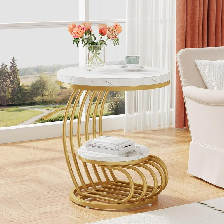 Round End Table 2 Tiers Faux Marble Side Table with Storage Shelf White Gold
