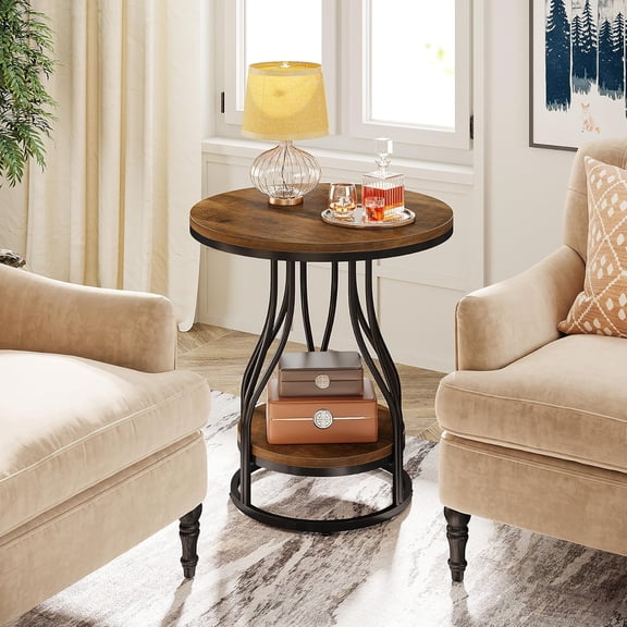 Tribesigns 2-Tier Round Side End Table, Small Chirside Tables with Storage for Couch Side, Nightstand with Metal Frame for Living Room