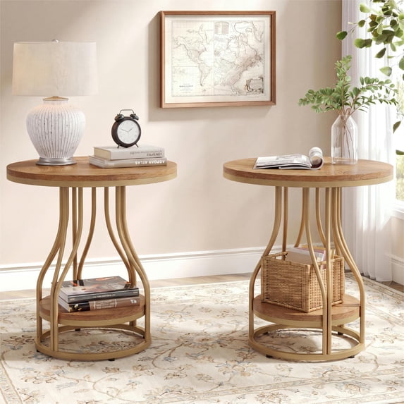 Tribesigns 2-Tier Round Side Table, Industrial End Table Bedside Table with Metal Frame & Open Shelf for Couch Side, Living Room (2PCS, Light Brown & Gold)