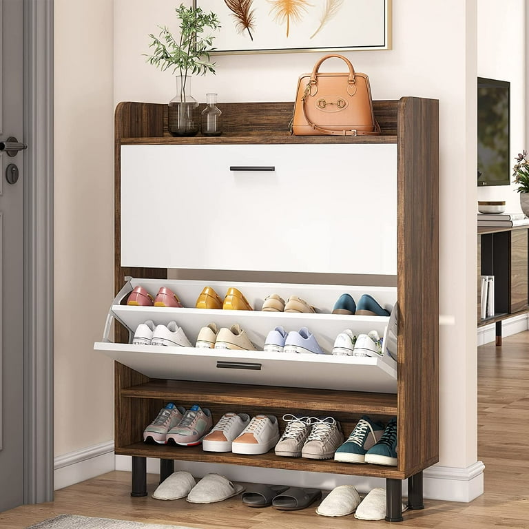 Tribesigns Modern 2-Tier Oak Wood Shoe Storage Cabinet with Flip