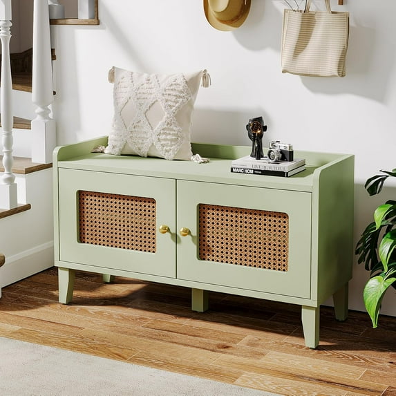 Tribesigns 2-Tier Shoe Storage Bench 39-Inch Long Shoe Rack Bench with Doors and Seat for Living Room, Rattan Shoe Organizer Cabinet with Shelf for Hallway, Light Green