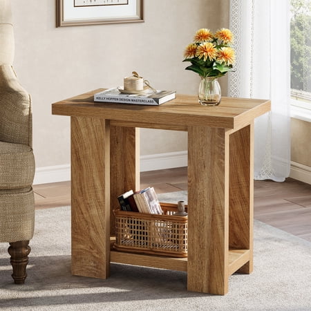 Tribesigns 2-Tier Side Table, Farmhouse End Table with Storage Shelves, Small Nightstand Wooden Besides Table for Small Spaces, Living Room, Bedroom, Brown