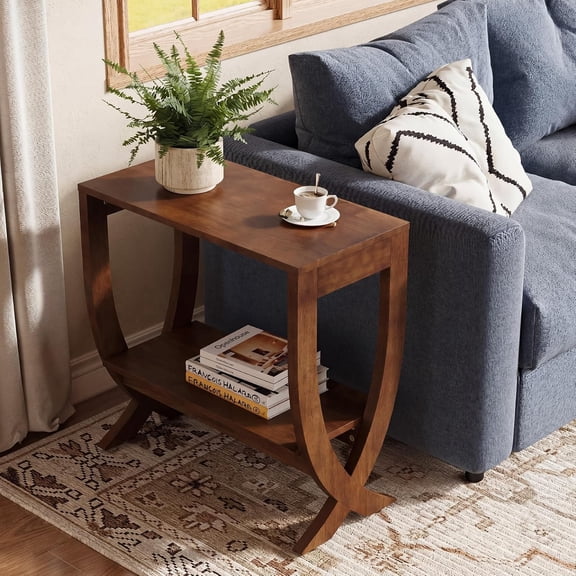 Tribesigns 2-Tier Solid Wood End Table, Couch Side Table with Arched Legs for Small Space, Rustic Walnut