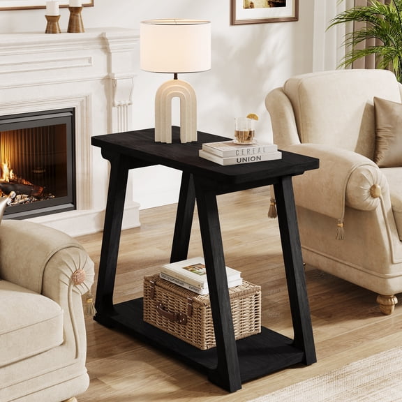Tribesigns 2-Tier Solid Wood End Table, Narrow Side Table for Living Room, Bedroom, Easy Assembly, Trapezoidal Base