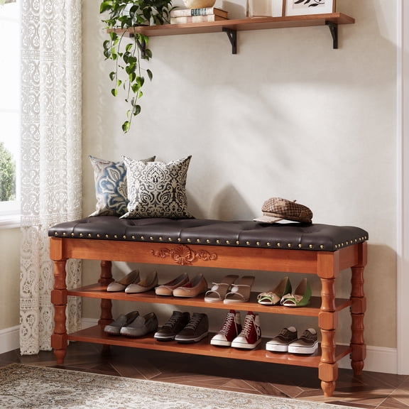 Tribesigns 2-Tier Solid Wood Entryway Bench with Tufted Leather Cushioned Seat and Lift Top Foyer Bench, Vintage Brown