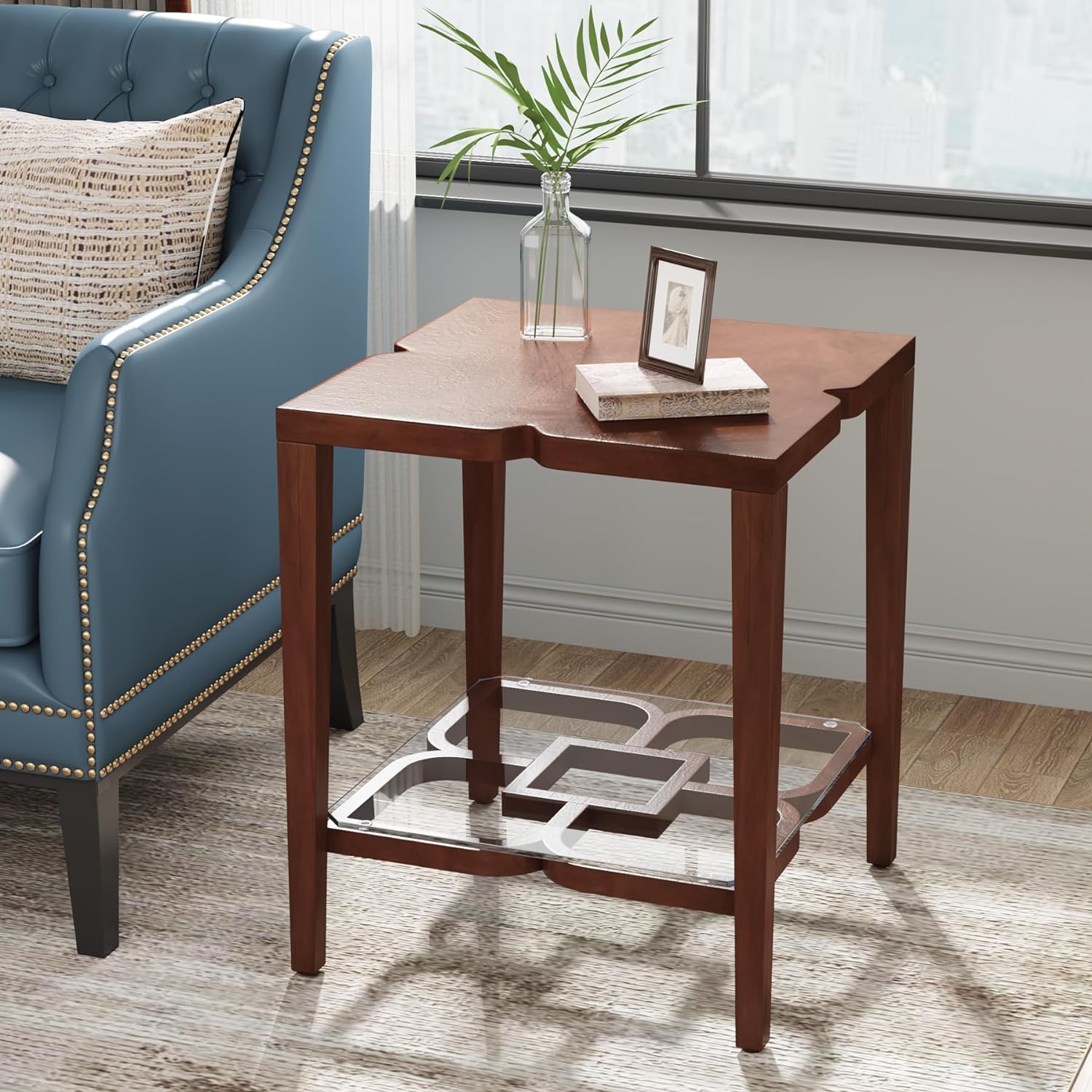 Tribesigns 2Tier Square Side Table with Glass Shelf,Wood End Table