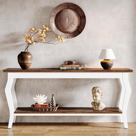 Finmind 2-Tier Vintage Console Table, 70.9" Wood Long Sofa Table for Living Room, White & Brown