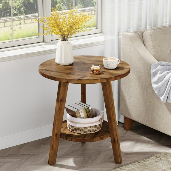 Tribesigns 23.62 in. Brown Round Wood End Table Side Table Nightstand with 2 Storage Shelves & 3 Sturdy Legs