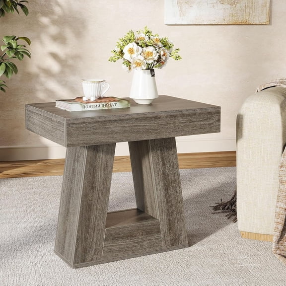 Tribesigns 24" Side Table with 2-Tier Shelf, Narrow Wooden End Table with Trapezoid Base for Living Room, Bedroom, Small Spaces (1, Gray)