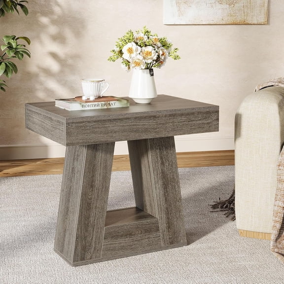 Tribesigns 24" Side Table with 2-Tier Shelf, Narrow Wooden End Table with Trapezoid Base for Living Room, Bedroom, Small Spaces (1, Gray)