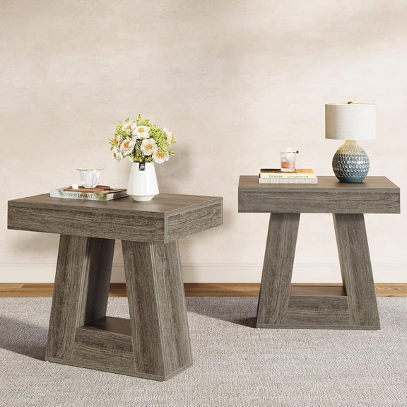Tribesigns 24" Side Table with 2-Tier Shelf, Narrow Wooden End Table with Trapezoid Base for Living Room, Bedroom, Small Spaces (2, Gray)
