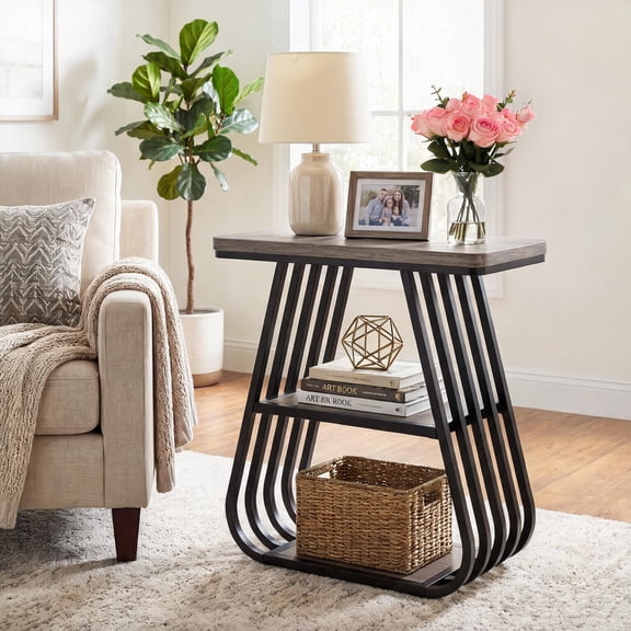 Tribesigns 25.5" Tall End Table for Living Room, 3-Tier Slim Side Table for Small Spaces, Industrial Narrow End Table with Storage Shelf & Metal Frame in Gray and Black