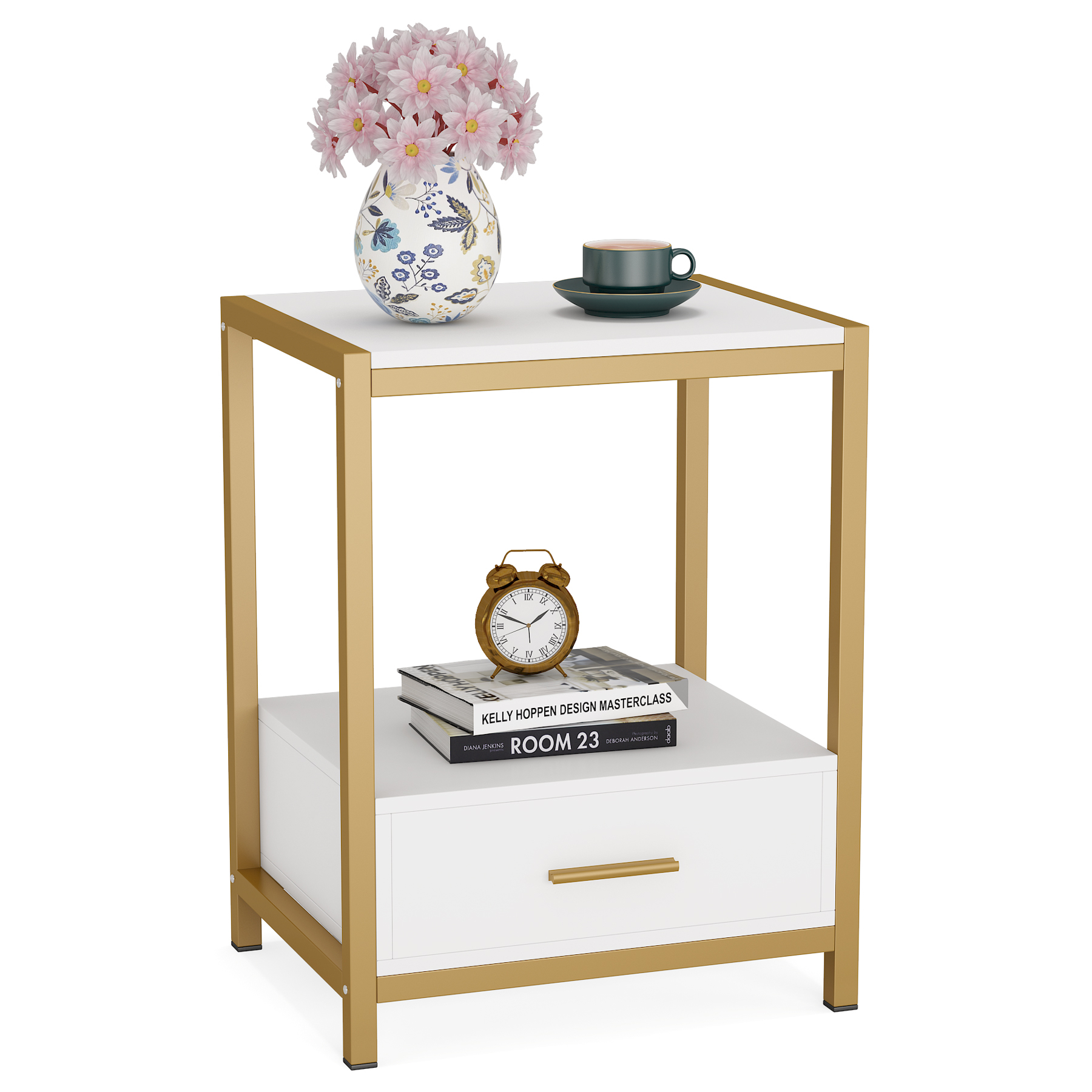 Tribesigns 25 inch Tall Gold Nightstands with Drawers and Storage Shelf