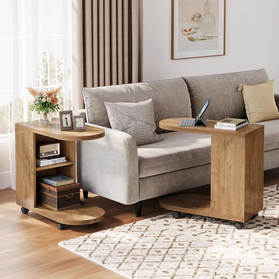 Tribesigns 27.56 Inch C Shaped Sofa End Table, Mobile Bed Side Table with Storage, Small Over Couch Table for Living Room, Bedroom, Rustic Brown