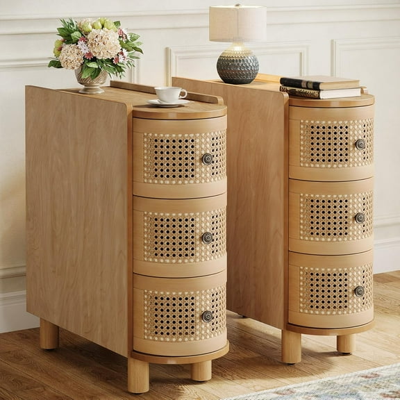 Tribesigns 2PCS Solid Wood End Table, 3-Drawer Rattan Side Table, Night Stand with 3 Rattan Drawers