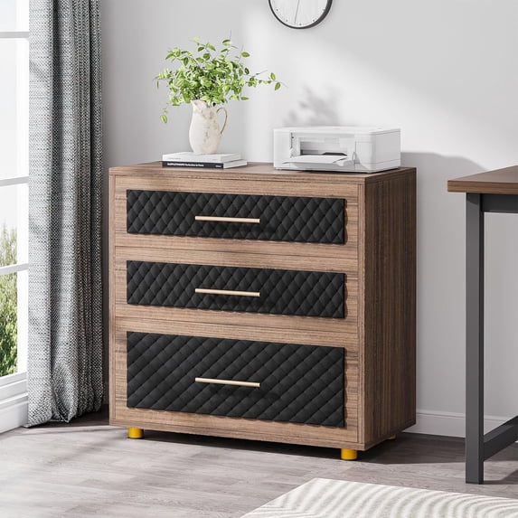Tribesigns 3-Drawer File Cabinet, Modern Lateral Cabinet with PU Leather & Gold Handles