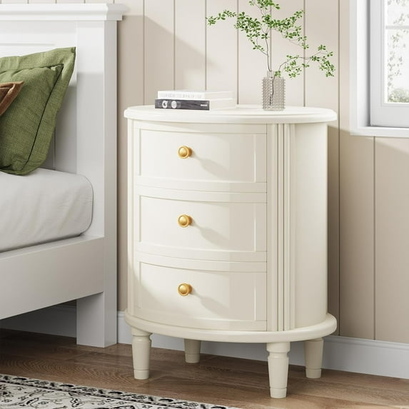 Finmind 3-Drawer Nightstand, Fully Assembled Oval Bedside Table with Storage, Off-White