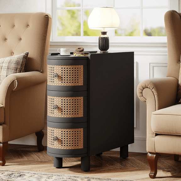 Tribesigns 3-Drawer Rattan End Table, Solid Wood Sofa Side Table with Vintage Embossed Handles for Living Room, Bedroom, No Assembly, Black & Oak