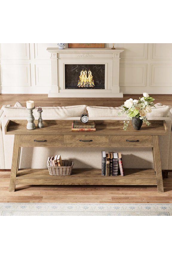 3-Drawer Sofa Console Table, 70.9-Inch Farmhouse Entryway Table with Raised Baffle and Storage Shelves for Living Room, Brown