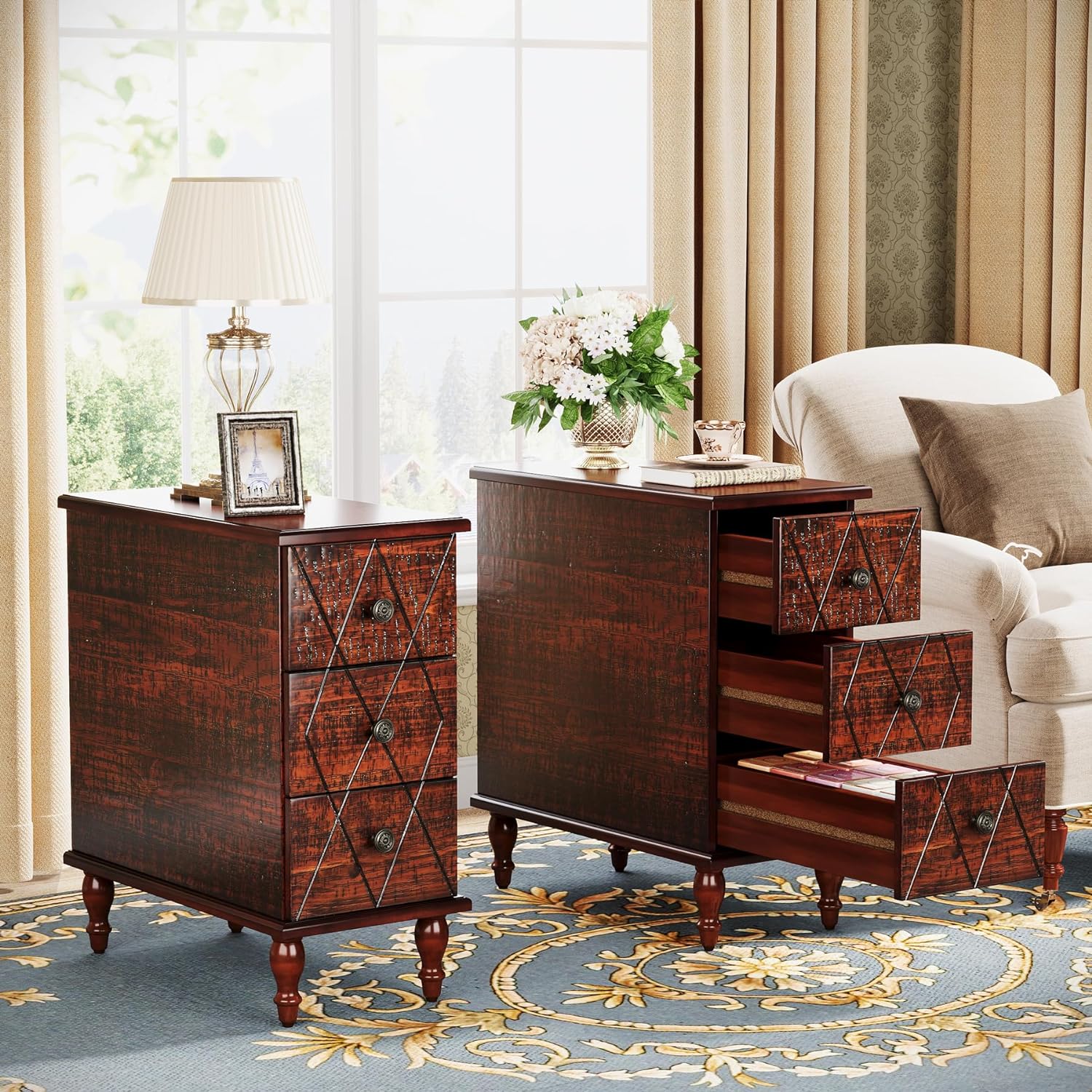 Tribesigns 3-Drawer Solid Wood End Table(Set of 2), Vintage Sofa Side ...
