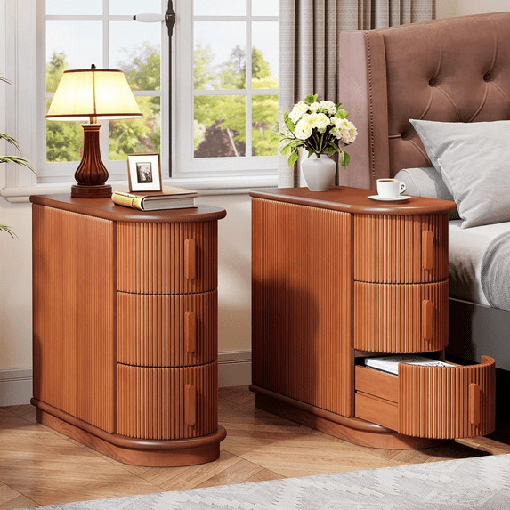 Tribesigns 3-Drawer Wooden End Table, Modern Sofa Side Table, Narrow Chair Side Table Nightstand for Living Room, Bedroom, No Assembly Required, Walnut(Set of 2)