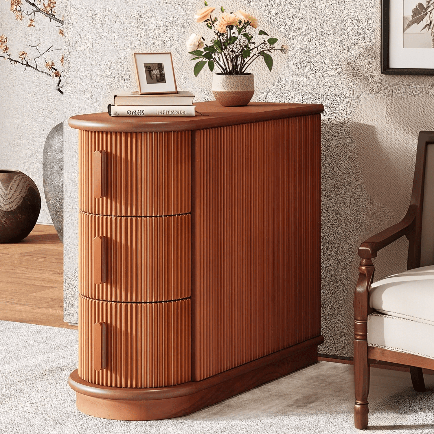 Walnut 3-Drawer Solid Wood Slim End Table