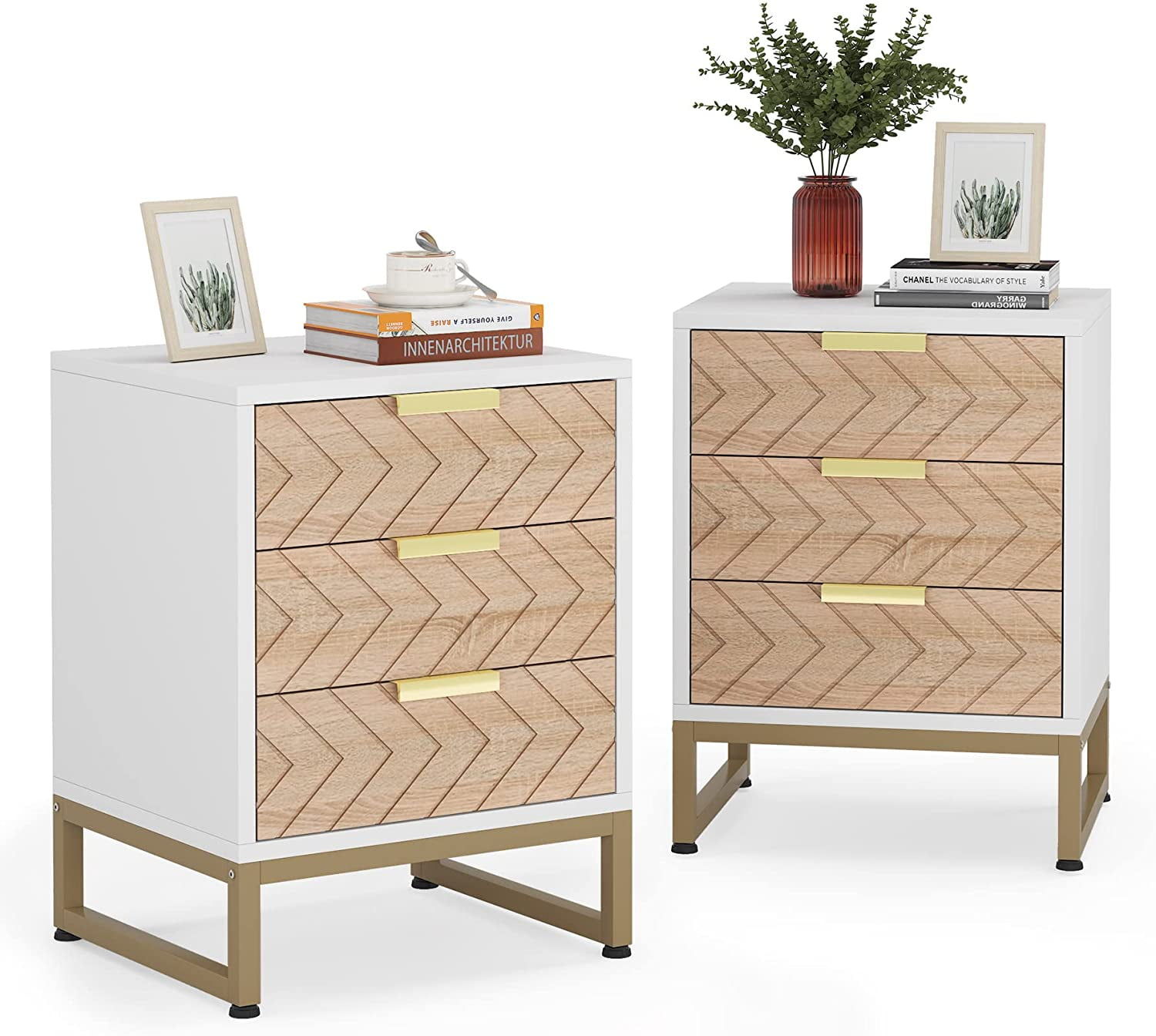 Tribesigns 3 Drawers Nightstand Set of 2, Modern Bedside Table with Unique Chevron Design for Bedroom (White & Wood Color)