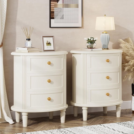 Finmind 3 Drawers Nightstand Set of 2, Wooden Side End Table with Solid Wood Legs for Living Room, Bedroom