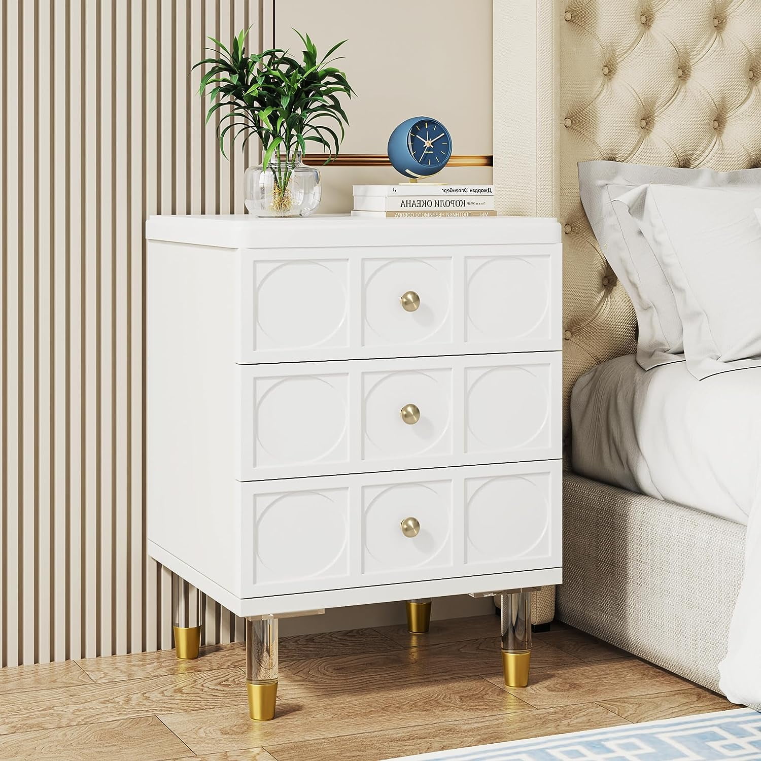 Tribesigns 3 Drawers Nightstand White Gold Bedside Table, Bedroom Tall