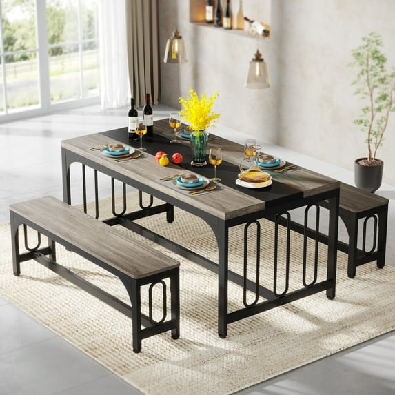 Tribesigns 3 Piece Dining Set for 4 to 6, 55" Rectangle Kitchen Dining Table with 2 Benches, Gray