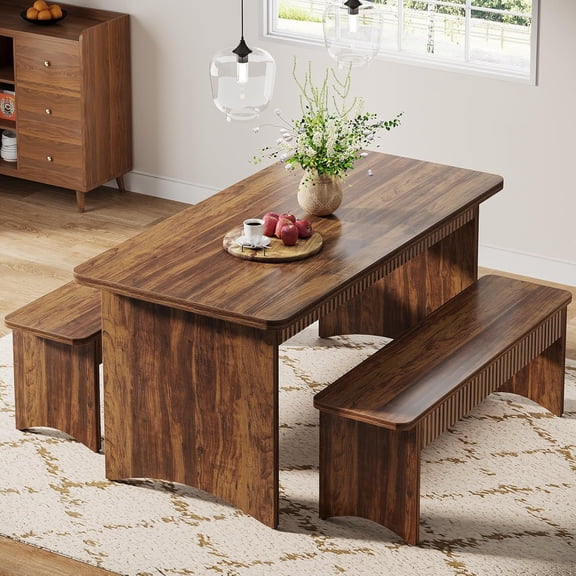 Tribesigns 3-Piece Dining Table Set, 55" Dining Room Table with 2 Benches for 4-6 People, Farmhouse Rectangular for Kitchen, Rustic Brown