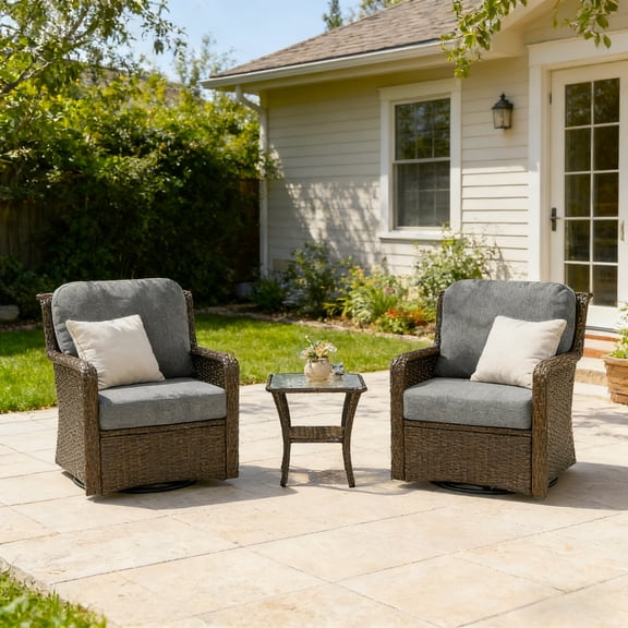 Tribesigns 3-Piece Outdoor Swivel Patio Furniture Set, 2 PE Wicker Rattan Swivel Rocker Chairs with 1 Glass Side Table, 360° Swivel, High Back Patio Lounge Chairs for Porch, Garden