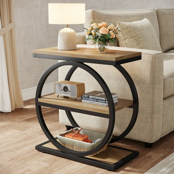 Tribesigns 3-Tier Narrow End Table with Black Metal Frames, Industrial Wood Side Table for Living Room, Slim Nightstand for Bedroom, Oak
