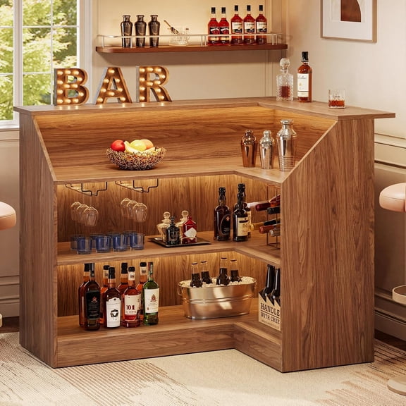 Tribesigns 3-Tier Bar Cabinet, L-Shaped Corner Home Bar Unit with Stemware Racks, Living Room, Dark Walnut