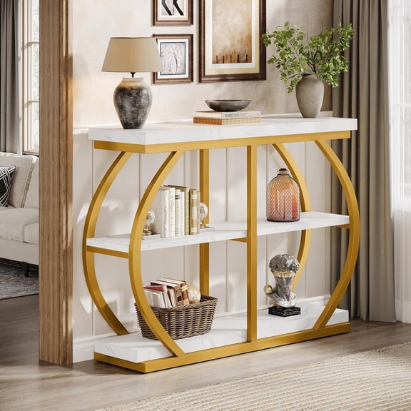 Tribesigns 3-Tier Console Table, 41.3" Industrial Entryway Table for Living Room, Hallway, White Gold