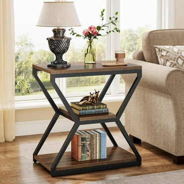 Tribesigns 3-Tier End Side Table: Industrial Design, Storage Shelves, Wood & Metal Accent Nightstand for Living Room/Bedroom, Rustic Brown & Blck