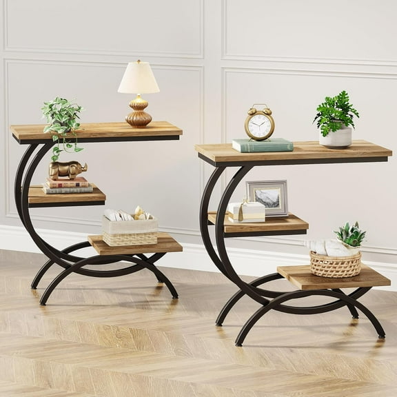 Finmind 3-Tier Industrial Style C-Shaped End Table Set of 2, Compact Side Table with Storage Shelves for Small Space, Living Room, Light Brown & Black