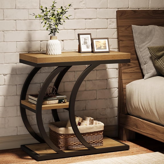 Tribesigns 3-Tier Narrow End Table, Wood Couch C-Shaped Side Table with Storage