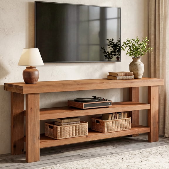 Tribesigns 3-Tier Solid Wood TV Stand, 63" Entertainment Center for 55/60/65/75 Inch TVs, Heavy Duty Rustic Media Console with 2-Tier Open Storage Shelves, Natural