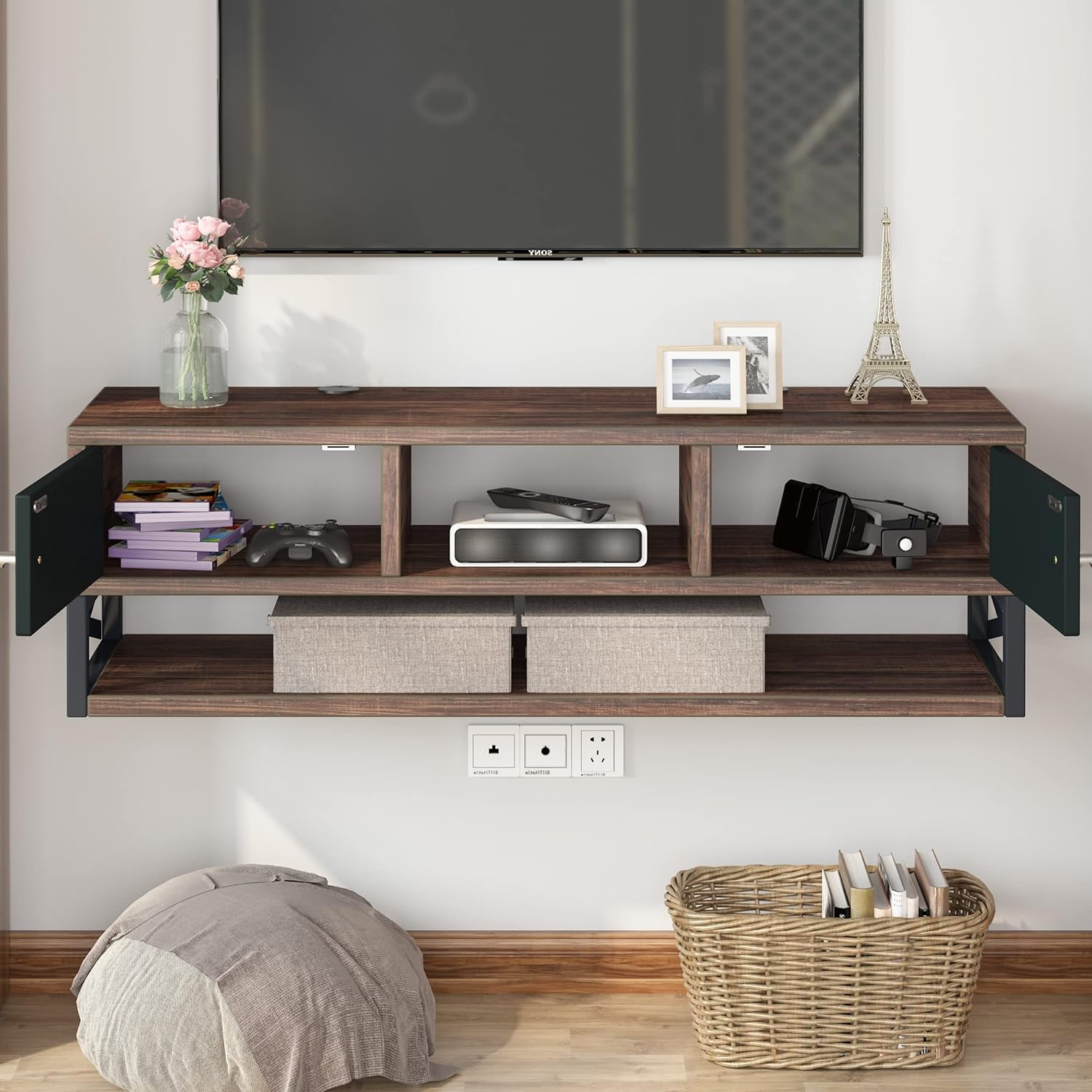 Tribesigns 3 Tier Wall Mounted Media Console TV Shelf with Magnetic Suction Doors Floating TV Stand TV Cabinet Entertainment Center Console Shelf